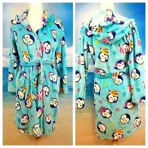 KOMAR KIDS Girls TEAL AQUA BLUE Bathrobe SOFT Dressing Gown FUZZY HOODIE size Lg